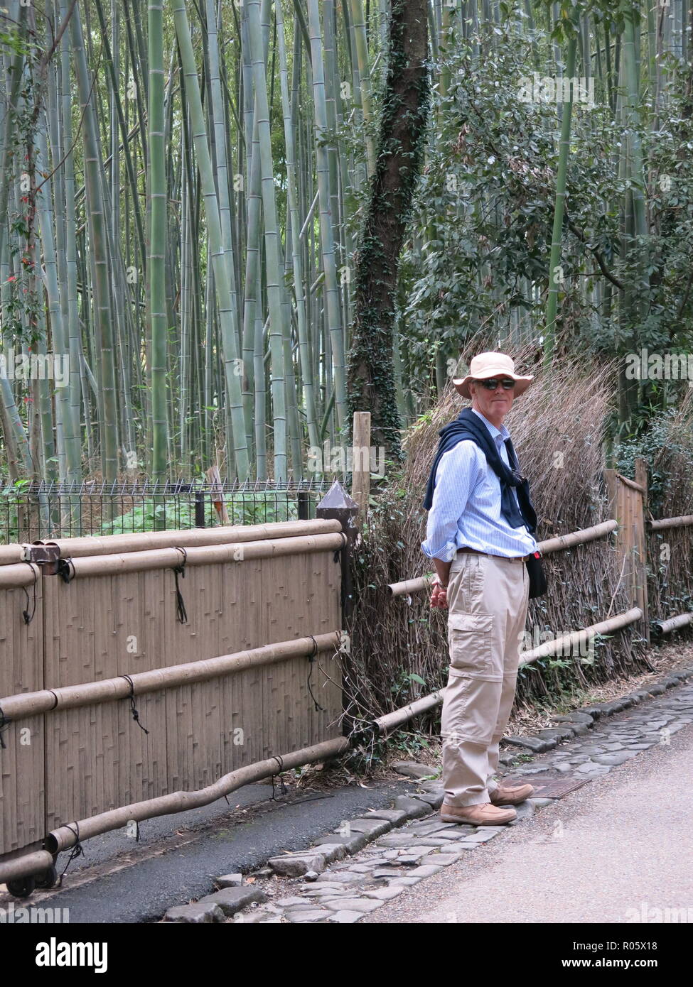 Tall turista inglese è limitata dai torreggianti alberi di bambù! Arashiyama Boschetto di bambù, Sagano Foresta di Bamboo, Kyoto, Giappone Foto Stock