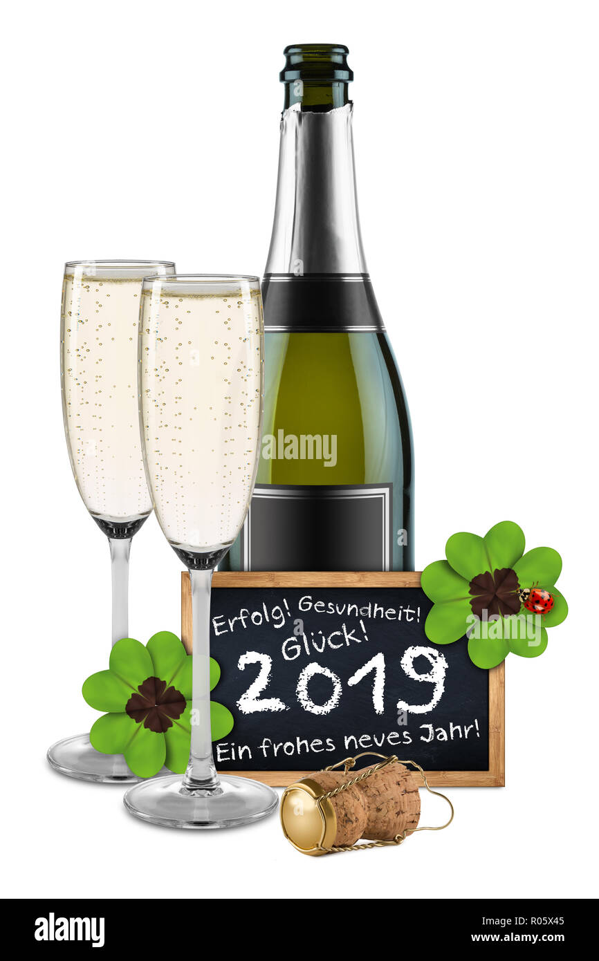 Felice anno nuovo blu ghiaccio neve notte stelle del cielo sfondo bokeh champagne bottiglia di vetro lavagna di sughero con il tedesco saluto Ein frohes neues Jahr 2019 ( Foto Stock