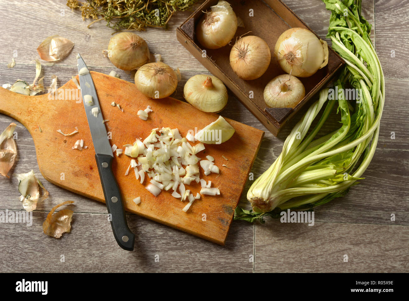 Tagliare la cipolla sul tagliere - primo piano Foto Stock
