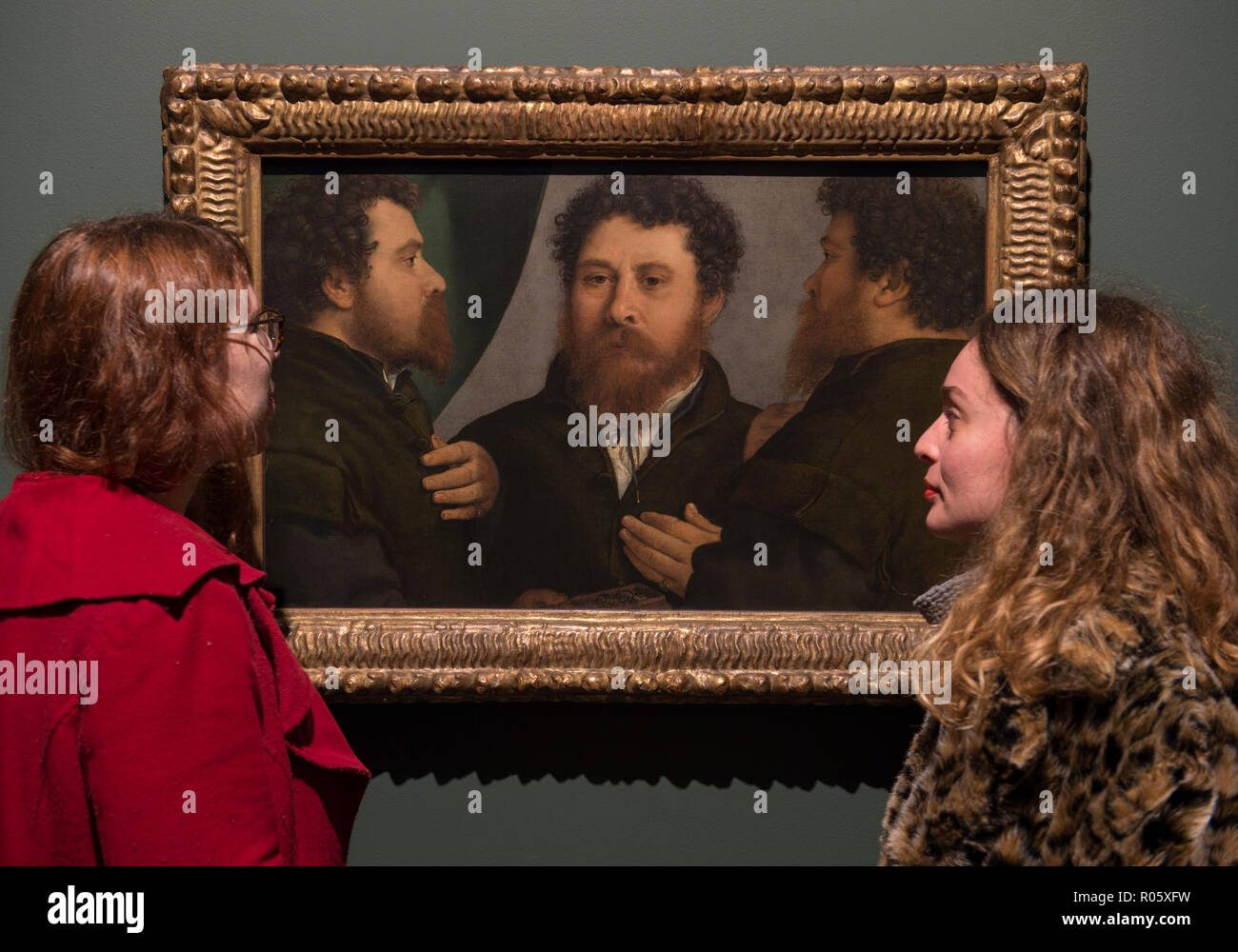 Lorenzo Lotto ritratti, mostra del Rinascimento italiano artista di scuola veneta alla National Gallery di Londra UK. Credito: Malcolm Park/Alamy. Foto Stock