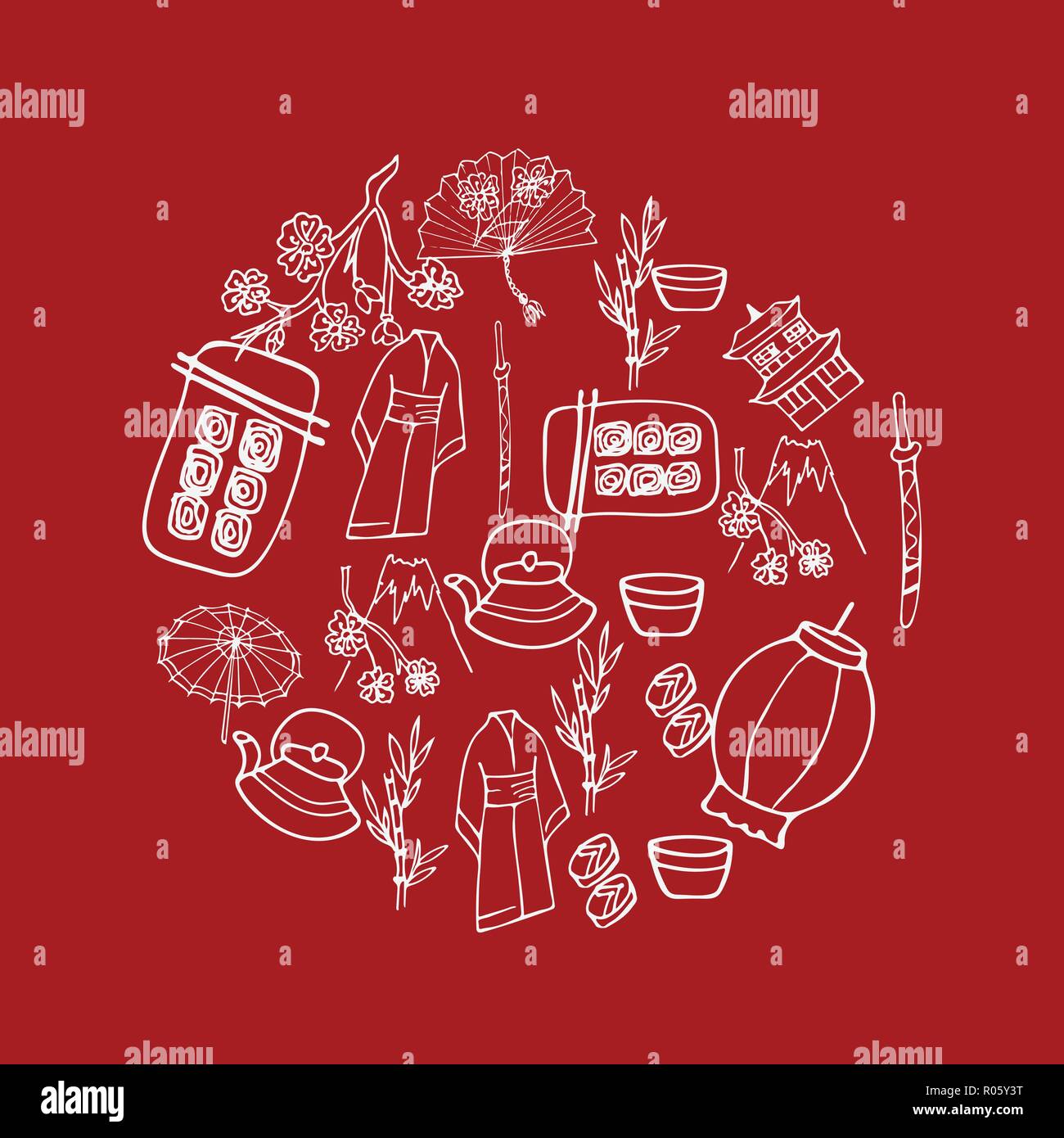 Doodle illustrazione dello stile con il Giappone i simboli. Illustrazione Vettoriale