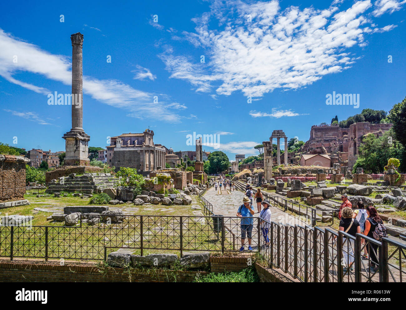 La piazza centrale del Foro Romano, la città antica di roma con vista della colonna di Phocas, Roma, Italia Foto Stock