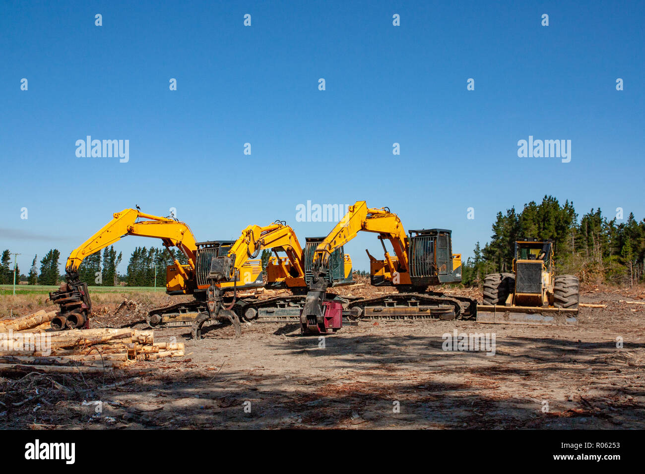 Macchinari utilizzati nell'industria forestale parcheggiato fino in corrispondenza di un sito di registrazione in Nuova Zelanda Foto Stock