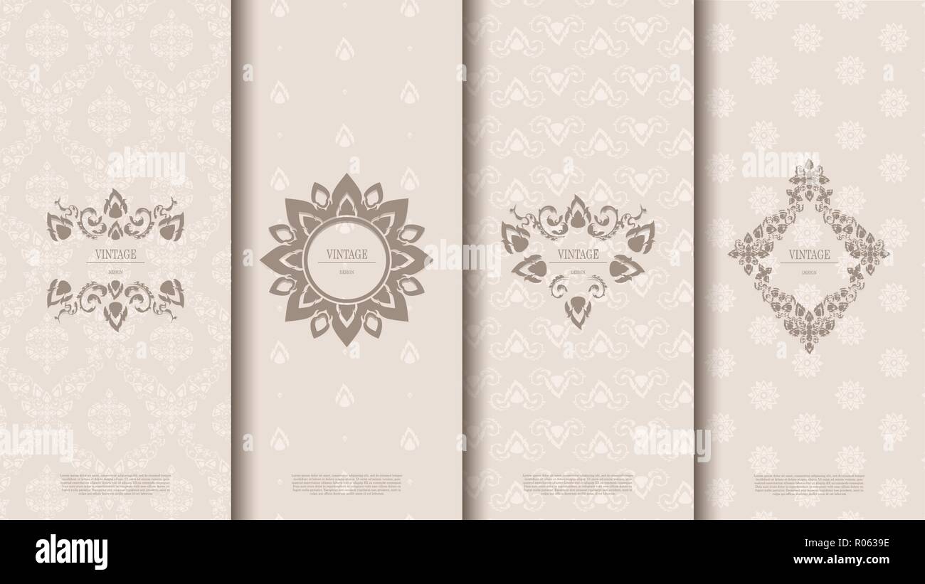 Il confezionamento di tailandese esotica elemento pattern concetto massa vintage tono di sfondo e logo design vettoriali, inclusivo di swatch pattern Illustrazione Vettoriale