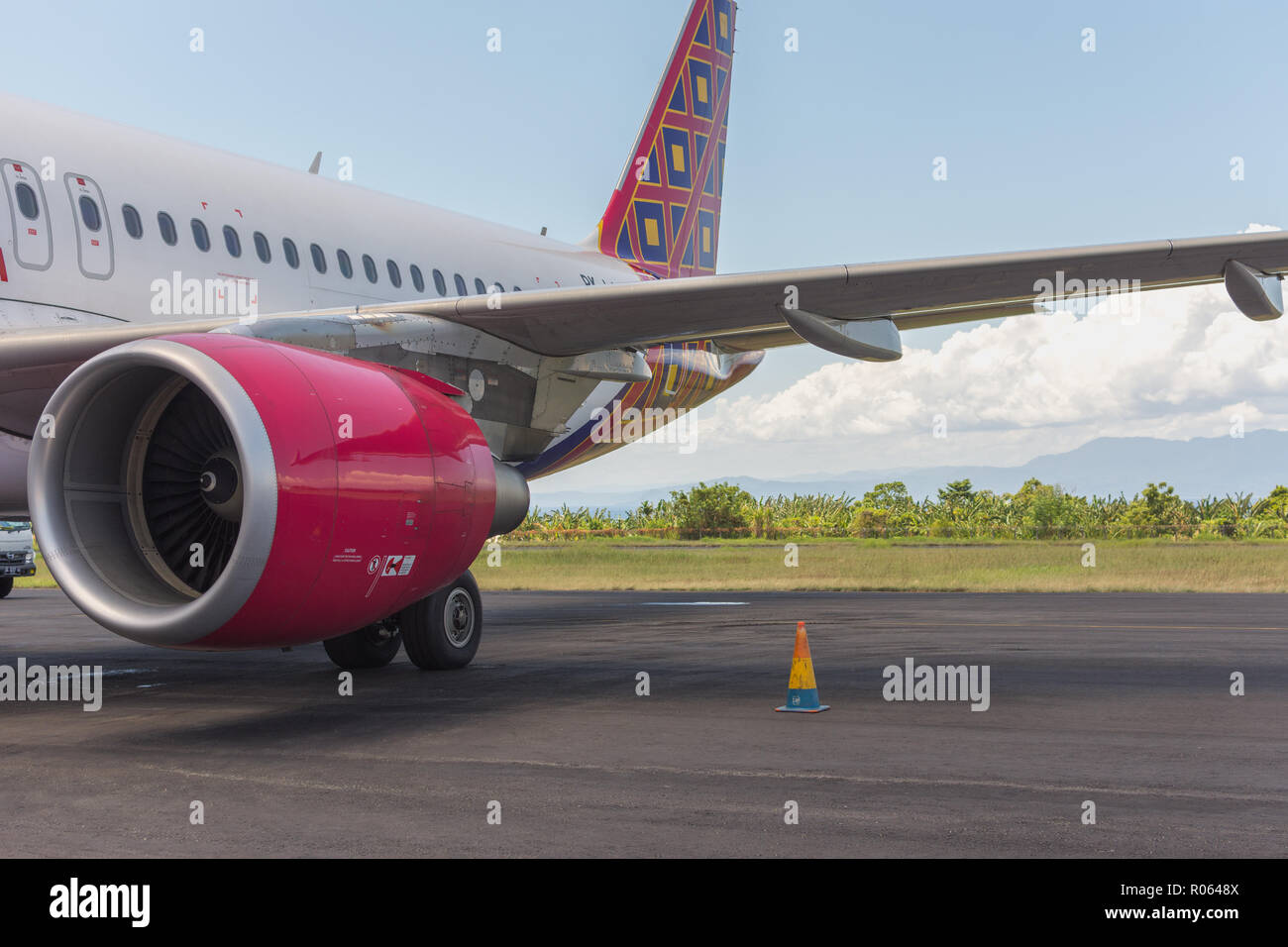 Passeggeri scendere da un aereo che ha parcheggiato all'aeroporto Foto Stock