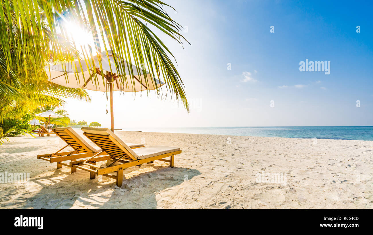 Uno scenario tranquillo, rilassante beach, paesaggio tropicale di design. Estate vacanze viaggi vacanza design. Exotic resort di lusso di sfondo sulla spiaggia. Foto Stock