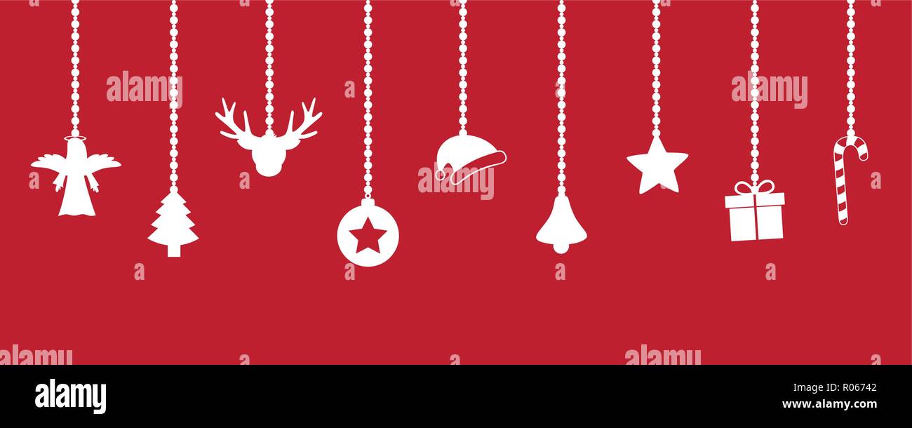 Appendere il natale decorazione su sfondo rosso abete santa cap angel dono candy cane Stella bell su sfondo bianco illustrazione vettoriale EPS10 Illustrazione Vettoriale