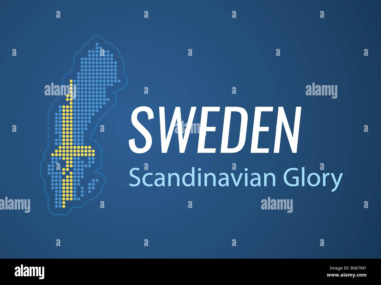 Svedese mappa di contorno a colori della bandiera nazionale - illustrazione vettoriale con titolo e slogan su sfondo blu scuro. Illustrazione Vettoriale