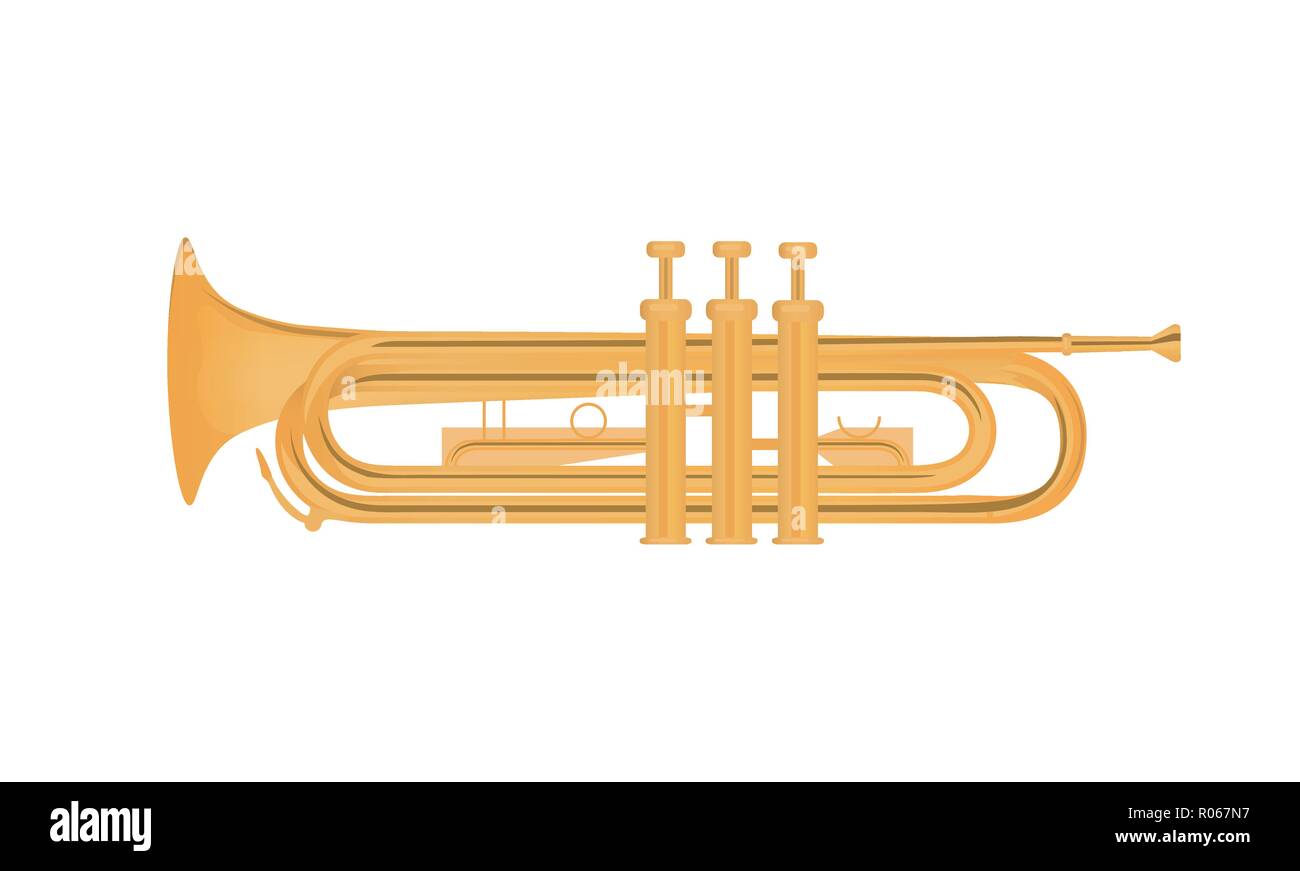 Tromba illustrazione vettoriale isolati su sfondo bianco - in ottone lucido strumento musicale. Illustrazione Vettoriale