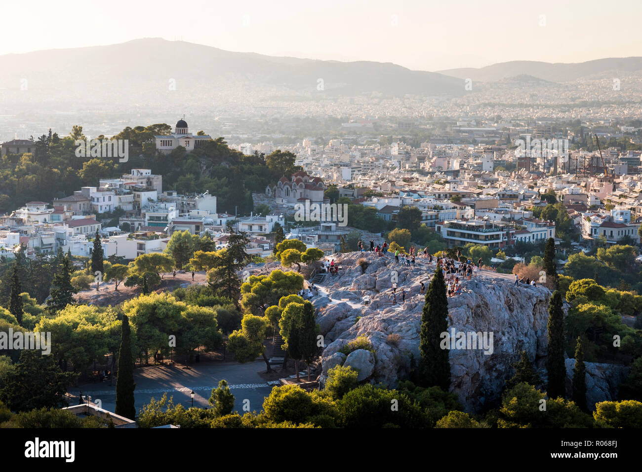 Areopago Hill, Atene al tramonto, regione Attica, Grecia, Europa Foto Stock