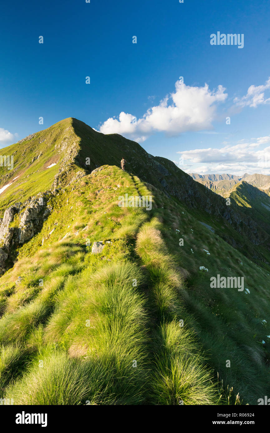 Escursionista sulla ripida cresta su per la salita verso Monte Azzarini, Passo San Marco, Albaredo Valle, Alpi Orobie, Lombardia, Italia, Europa Foto Stock