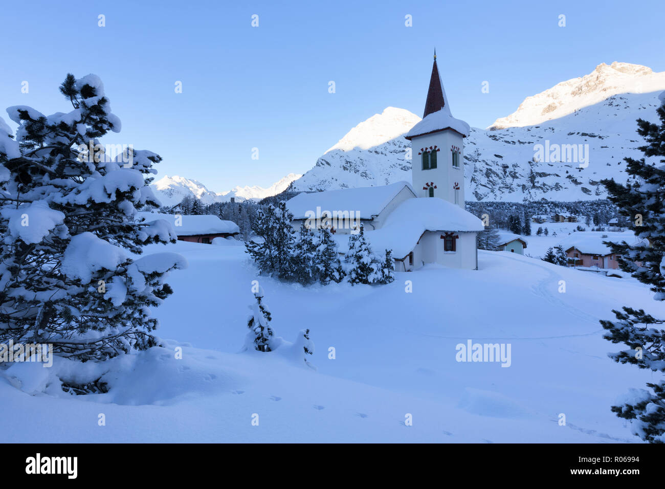 Chiesa bianca circondata da neve, sci di fondo Maloja, Val Bregaglia, Engadina nel Cantone dei Grigioni, Svizzera, Europa Foto Stock