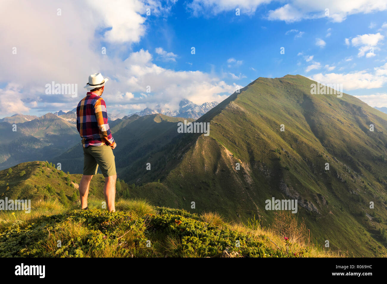 Uomo sulla sommità del Monte Rolla guarda al Monte Disgrazia e il Sasso Canale, in provincia di Sondrio e della Valtellina, Lombardia, Italia, Europa Foto Stock