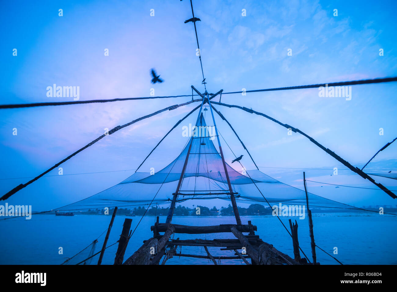 Cinese tradizionale reti da pesca all'alba, Fort Kochi (Cochin), Kerala, India, Asia Foto Stock