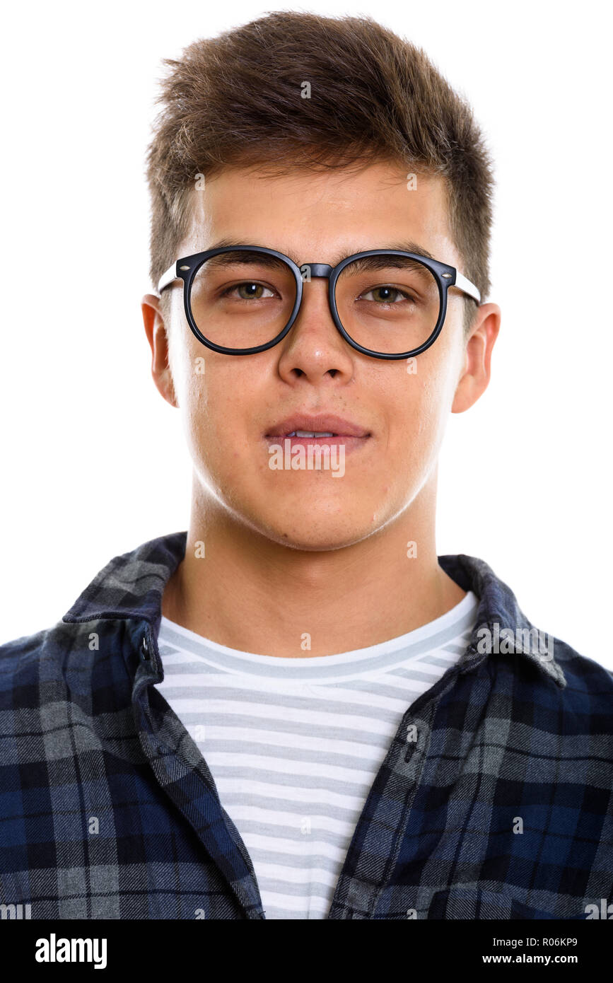 Volto del giovane uomo bello indossare occhiali Foto Stock