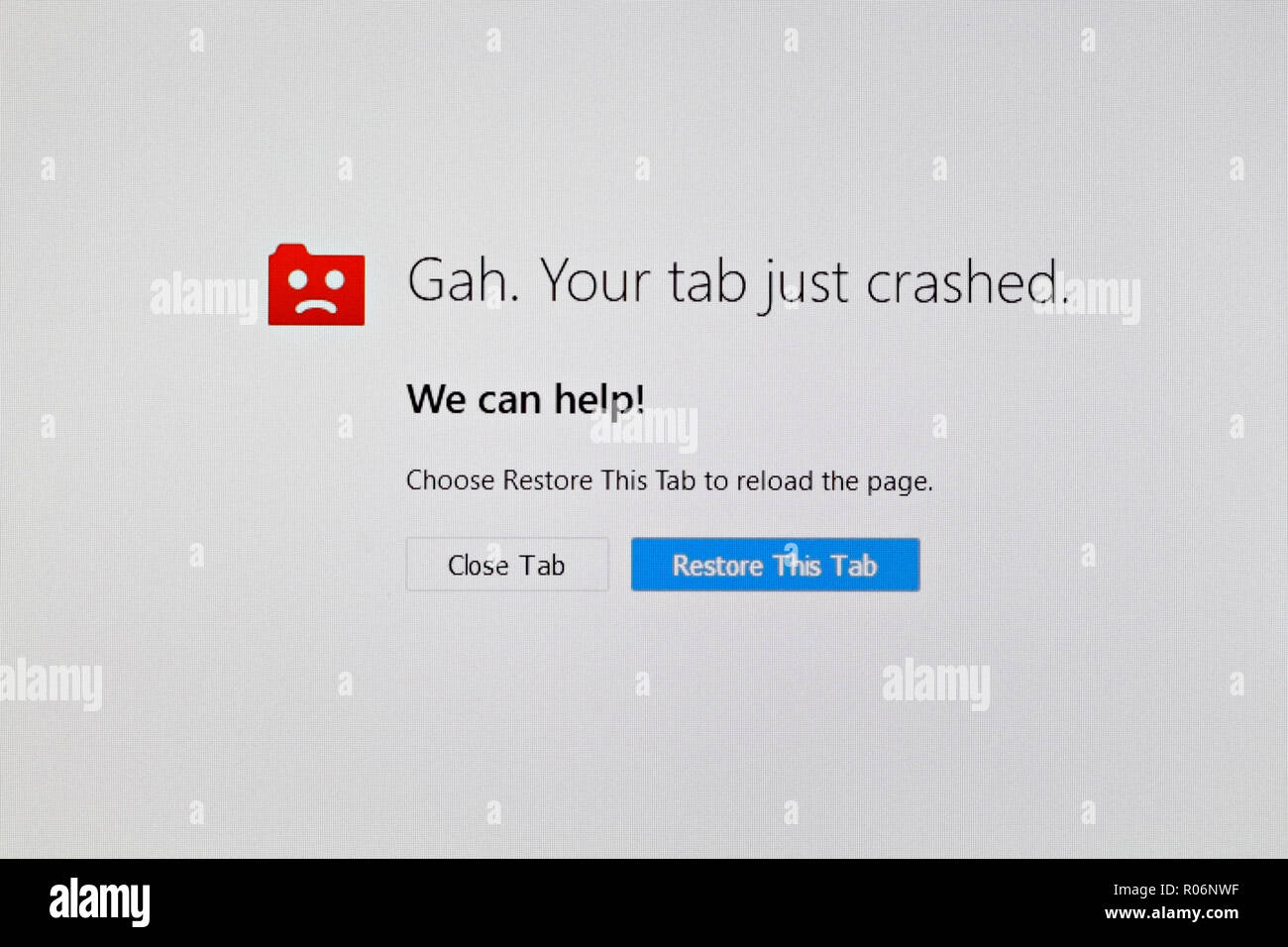 Browser Firefox, messaggio di crash screen della scheda, errore del browser Internet. Problema del computer Foto Stock