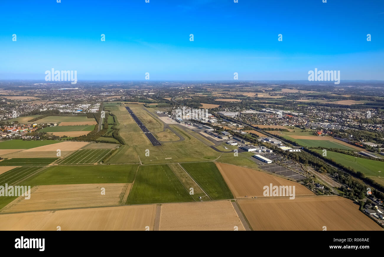 Vista aerea, Dortmund Aeroporto Internazionale, DTM, panoramica della pista 06 e grembiule, grembiule, Natorper Chaussee, Dortmund, la zona della Ruhr, Nord Rhine-Westphal Foto Stock