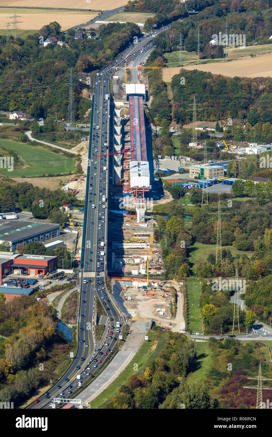 Vista aerea, sito in costruzione nuova costruzione Lennetalbrücke, A45, Am Kahlenberg, Lenne, Hagen, zona della Ruhr, Renania settentrionale-Vestfalia, Germania, Europa Foto Stock