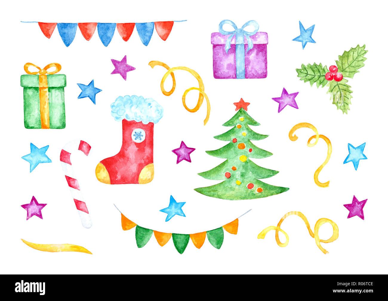 Set di varie colorate decorazioni di Natale. Acquerello disegnata a mano e dipinto. Isolato su sfondo bianco Foto Stock