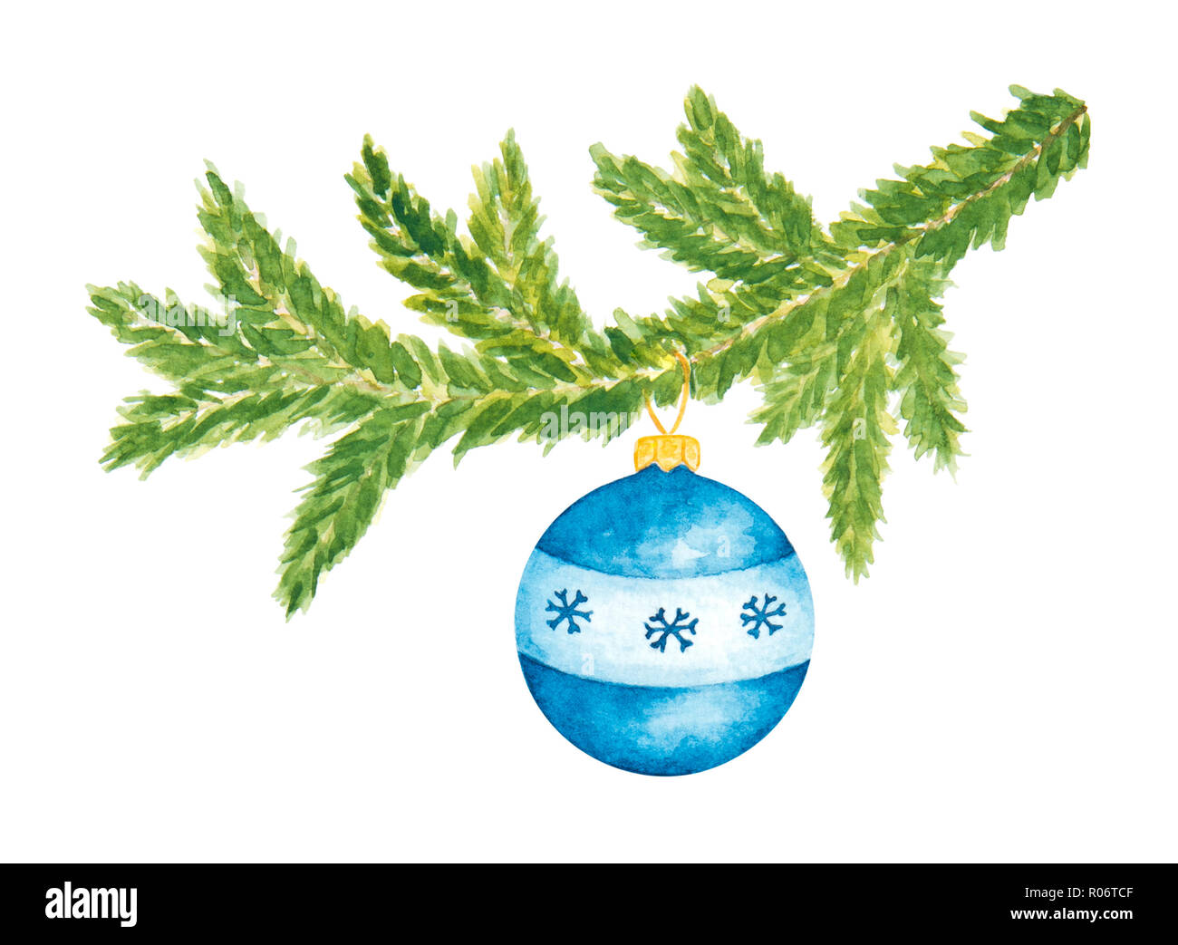 Natale Evergreen Abete con Blue sfera di vetro. Acquerello disegnata a mano e dipinto. Isolato su bianco Foto Stock