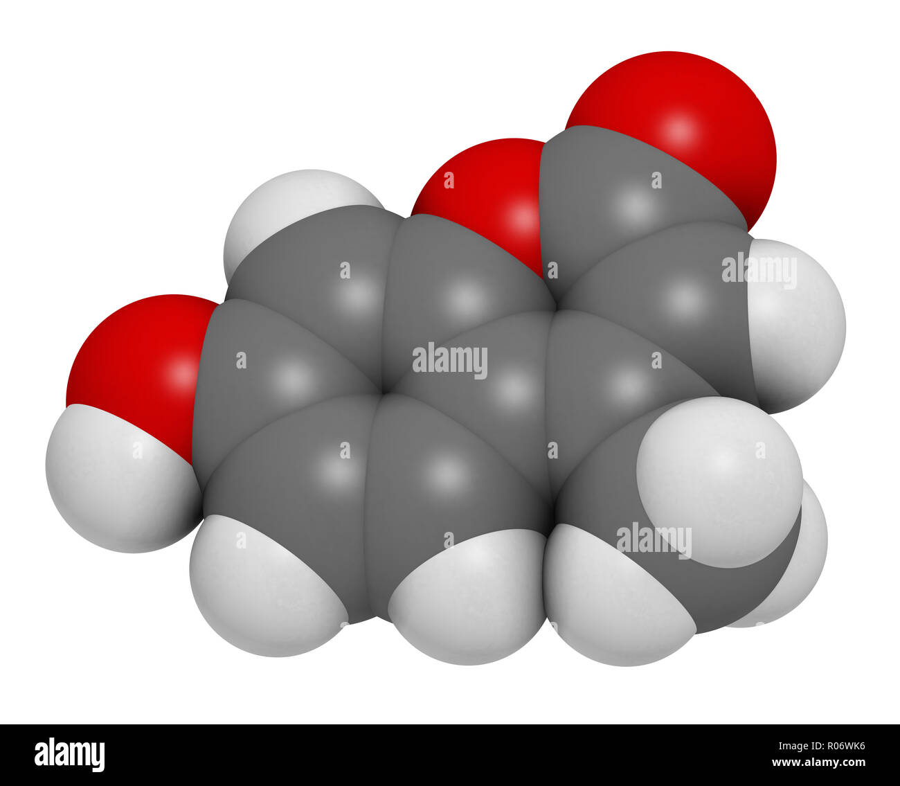 Hymecromone molecola di farmaco. Il rendering 3D. Gli atomi sono rappresentati come sfere con i tradizionali colori: idrogeno (bianco), carbonio (grigio), Ossigeno (rosso Foto Stock