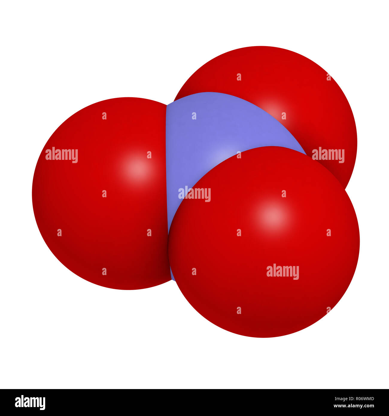 Anione nitrato, struttura chimica. Il rendering 3D. Gli atomi sono rappresentati come sfere con i tradizionali colori: azoto (blu), Ossigeno (rosso). Foto Stock
