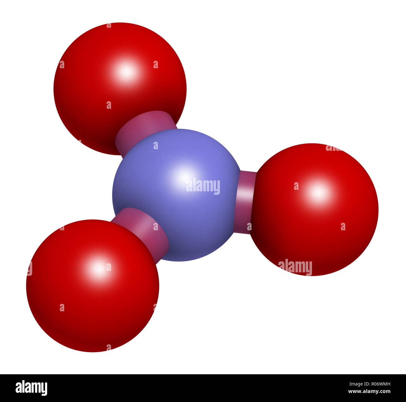 Anione nitrato, struttura chimica. Il rendering 3D. Gli atomi sono rappresentati come sfere con i tradizionali colori: azoto (blu), Ossigeno (rosso). Foto Stock
