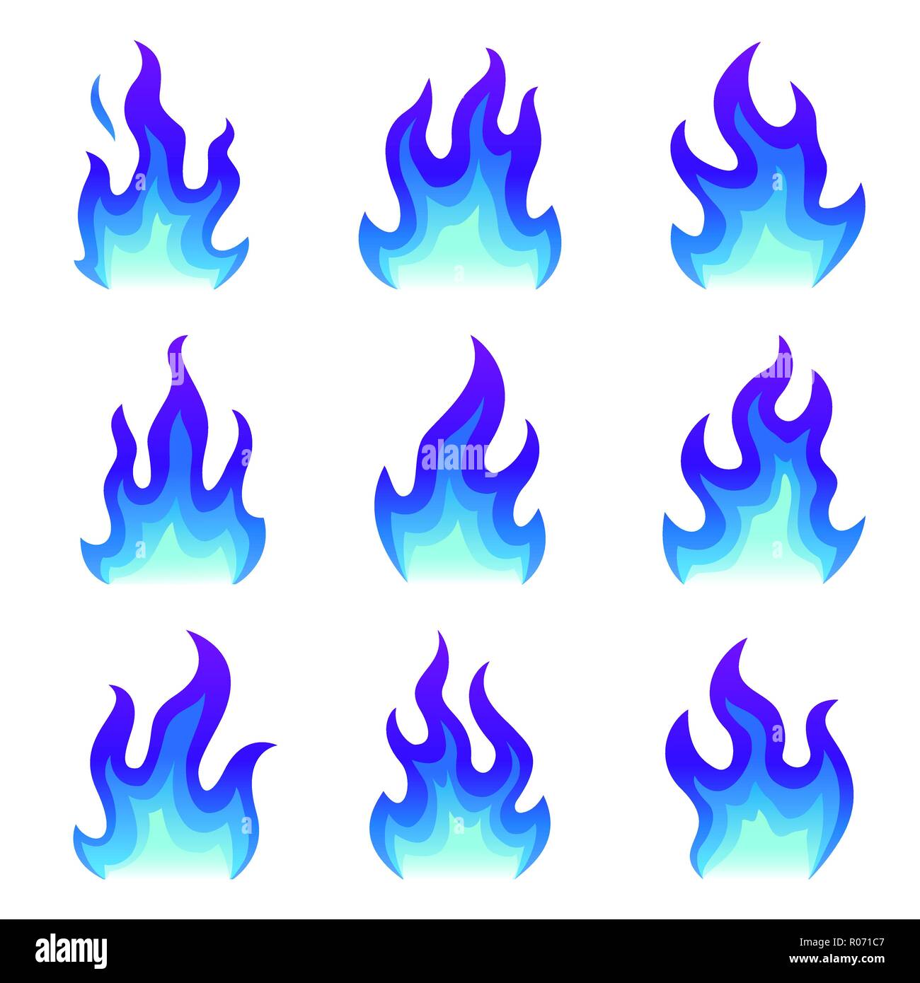 Set di blue fire icone, piatto fiamma di fuoco illustrazione vettoriale. Raccolta di blue flames o fuochi isolato su bianco Illustrazione Vettoriale