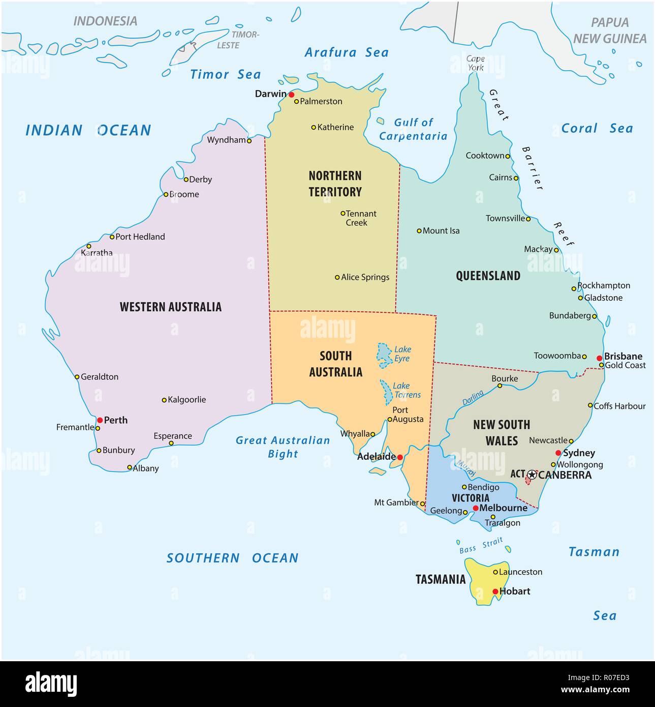 Vettore semplice delineare politiche ed amministrative mappa vettoriale di Australia. Illustrazione Vettoriale