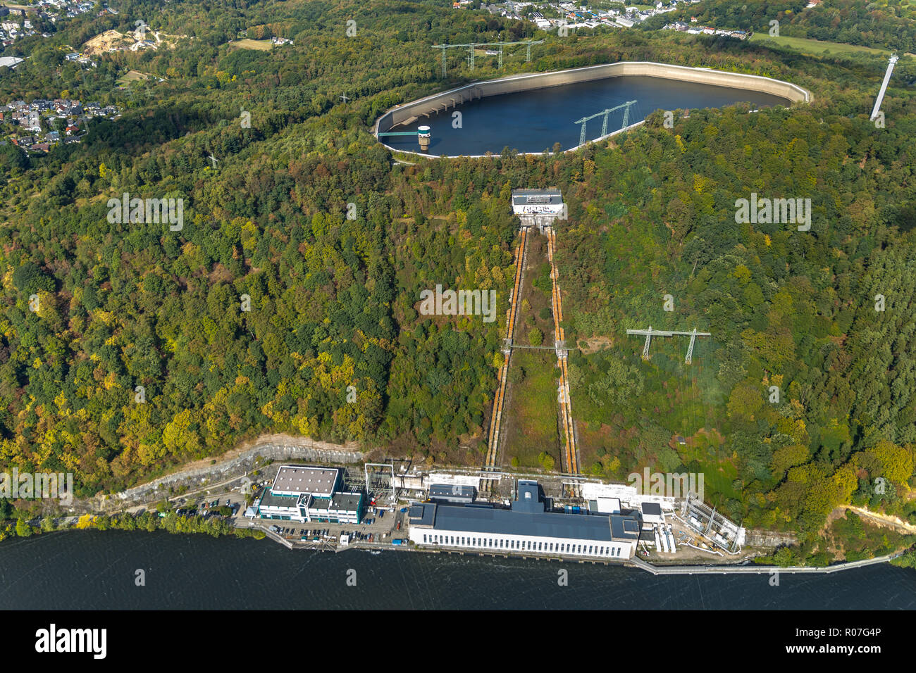 Vista aerea, Hengsteysee, all'angolo della nave in Herdecke si va su lavori di rinnovo, ascensore inclinato tra valvola house e la riva dovrebbe essere disabilitato, allevamento Foto Stock