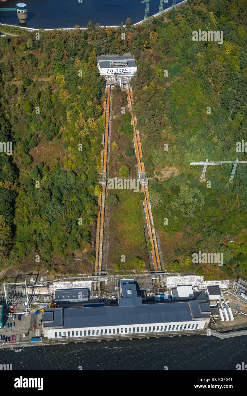 Vista aerea, Hengsteysee, all'angolo della nave in Herdecke si va su lavori di rinnovo, ascensore inclinato tra valvola house e la riva dovrebbe essere disabilitato, allevamento Foto Stock