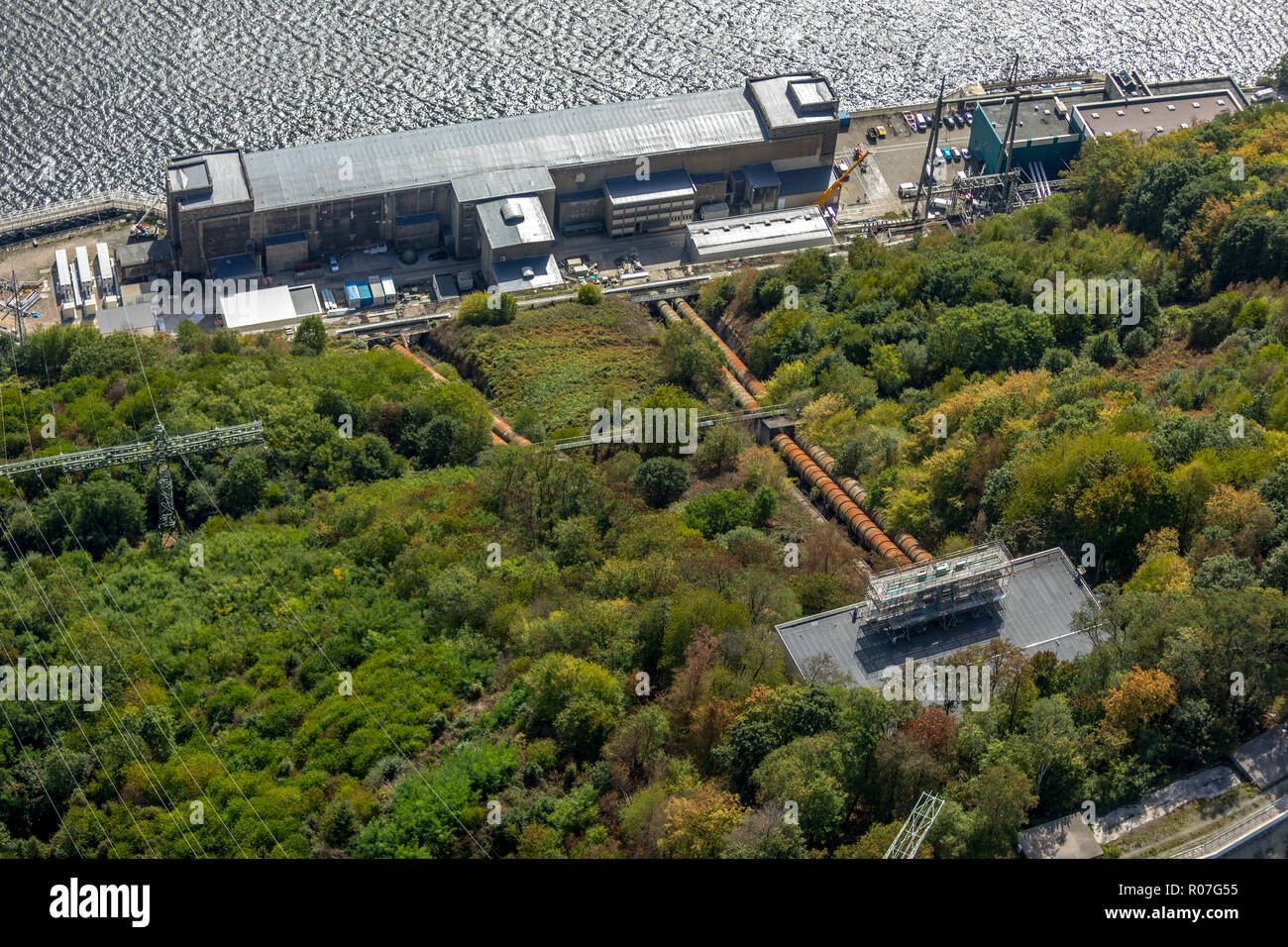 Vista aerea, Hengsteysee, all'angolo della nave in Herdecke si va su lavori di rinnovo, ascensore inclinato tra valvola house e la riva dovrebbe essere disabilitato, allevamento Foto Stock