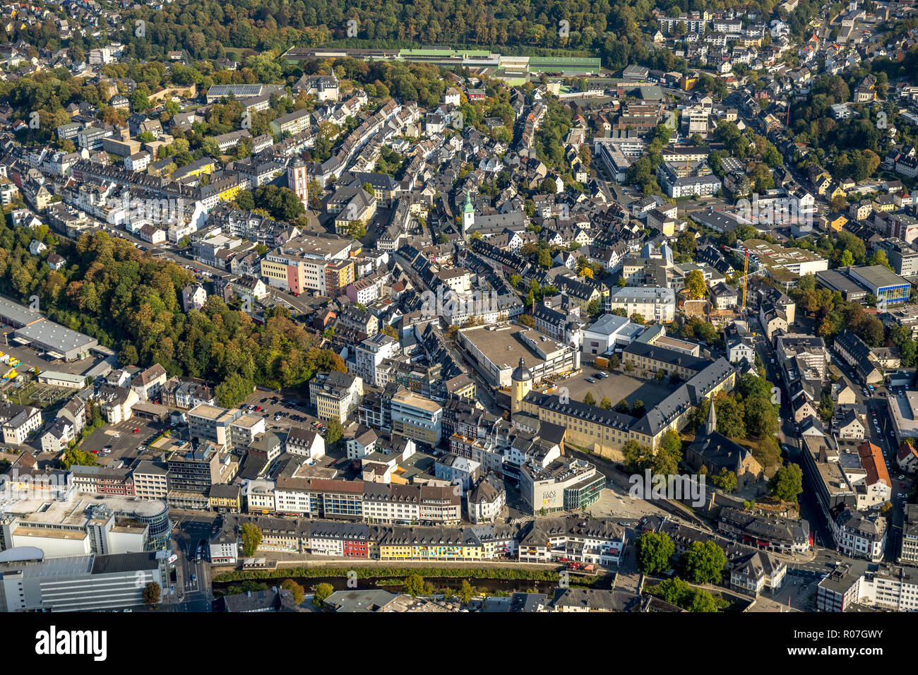 Luftbild, Unteres Schloss, Dicker Turm, Museum für Gegenwartskunst e.V., Kölner Straße, Martinikirche, Grabenstraße, Siegen, Kreis Siegen-Wittgenstein Foto Stock