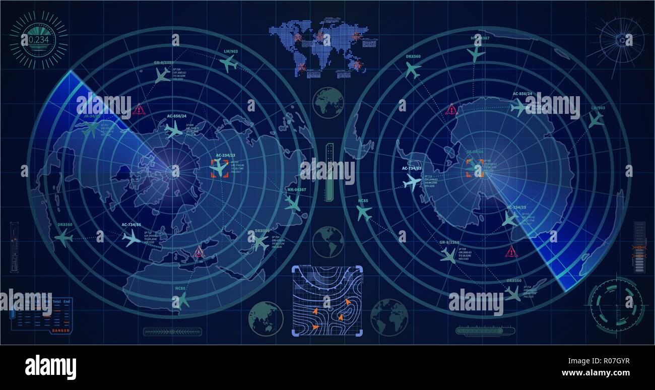 Dettagliata radar militari con due schermi blu con tracce di piani e obiettivi Illustrazione Vettoriale
