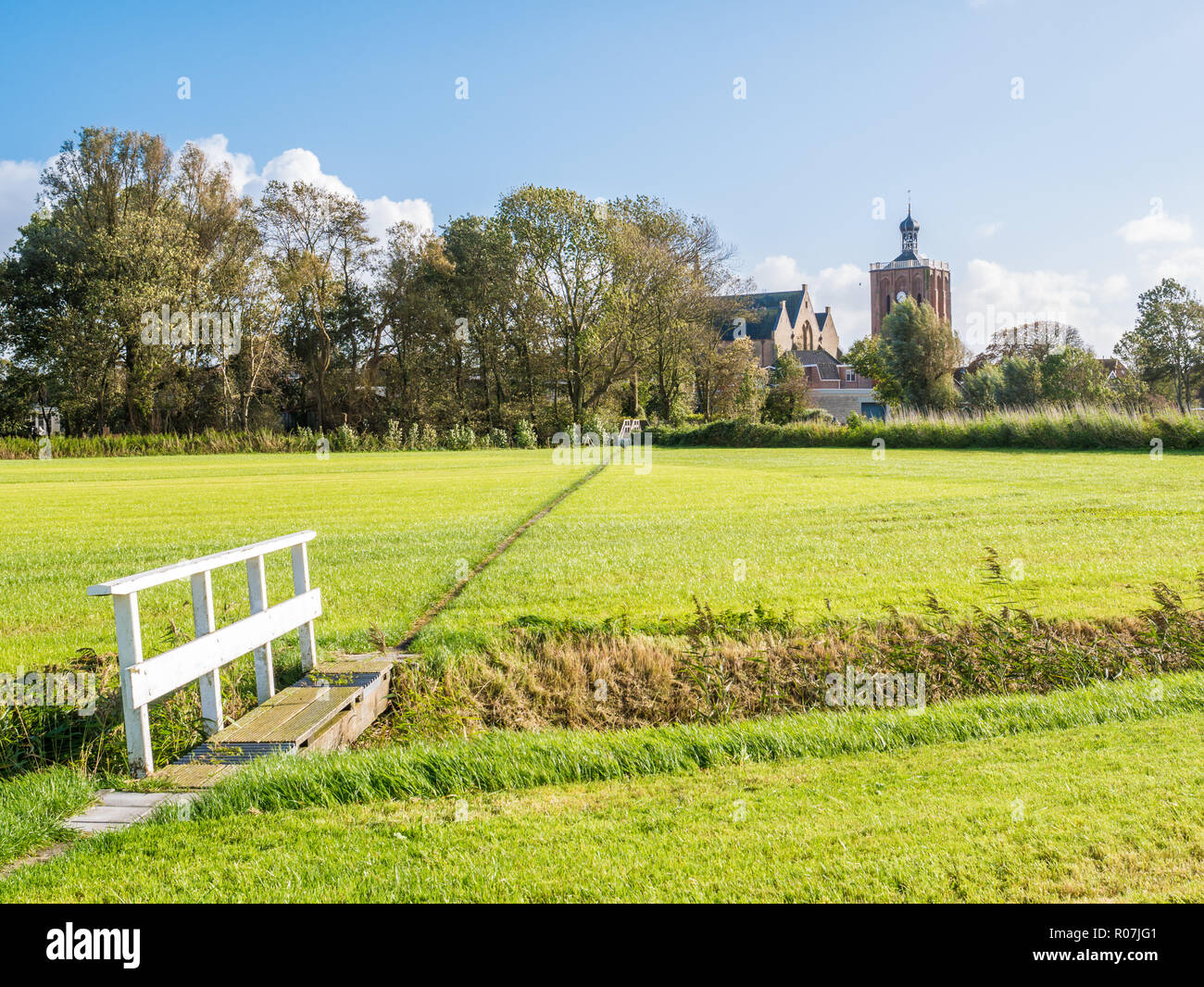 Paesaggio di Polder con il pascolo e grande Santa Gertrudis Chiesa di Workum, Friesland, Paesi Bassi Foto Stock