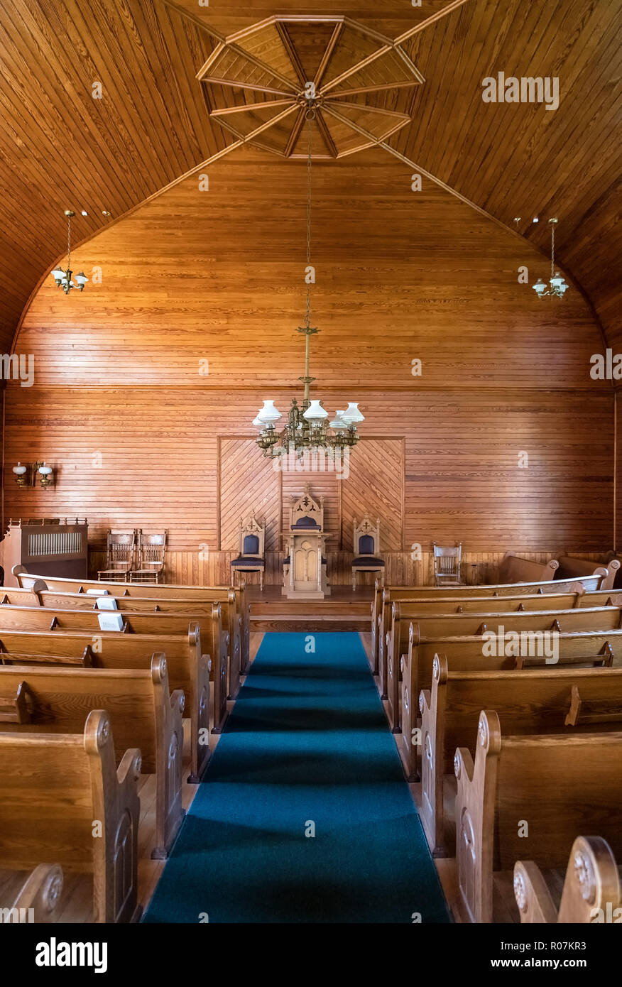 Interno dell Unione chiesa cristiana si trova nell'Calvin Coolidge Homestead District, Plymouth tacca, Vermont, USA. Foto Stock