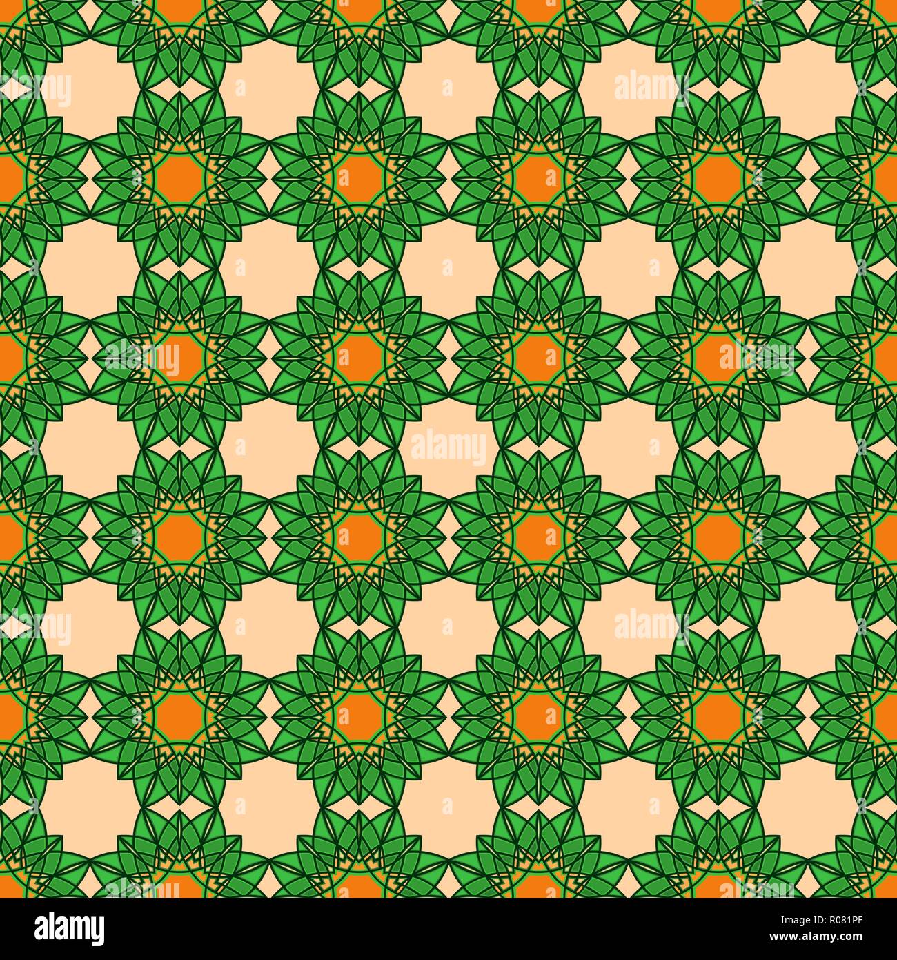 Contrasto modello astratto consiste di ripetizione delle forme decorative in verde e in arancione sfumature di colore sullo sfondo beige, seamless vettore come un tessuto textur Illustrazione Vettoriale