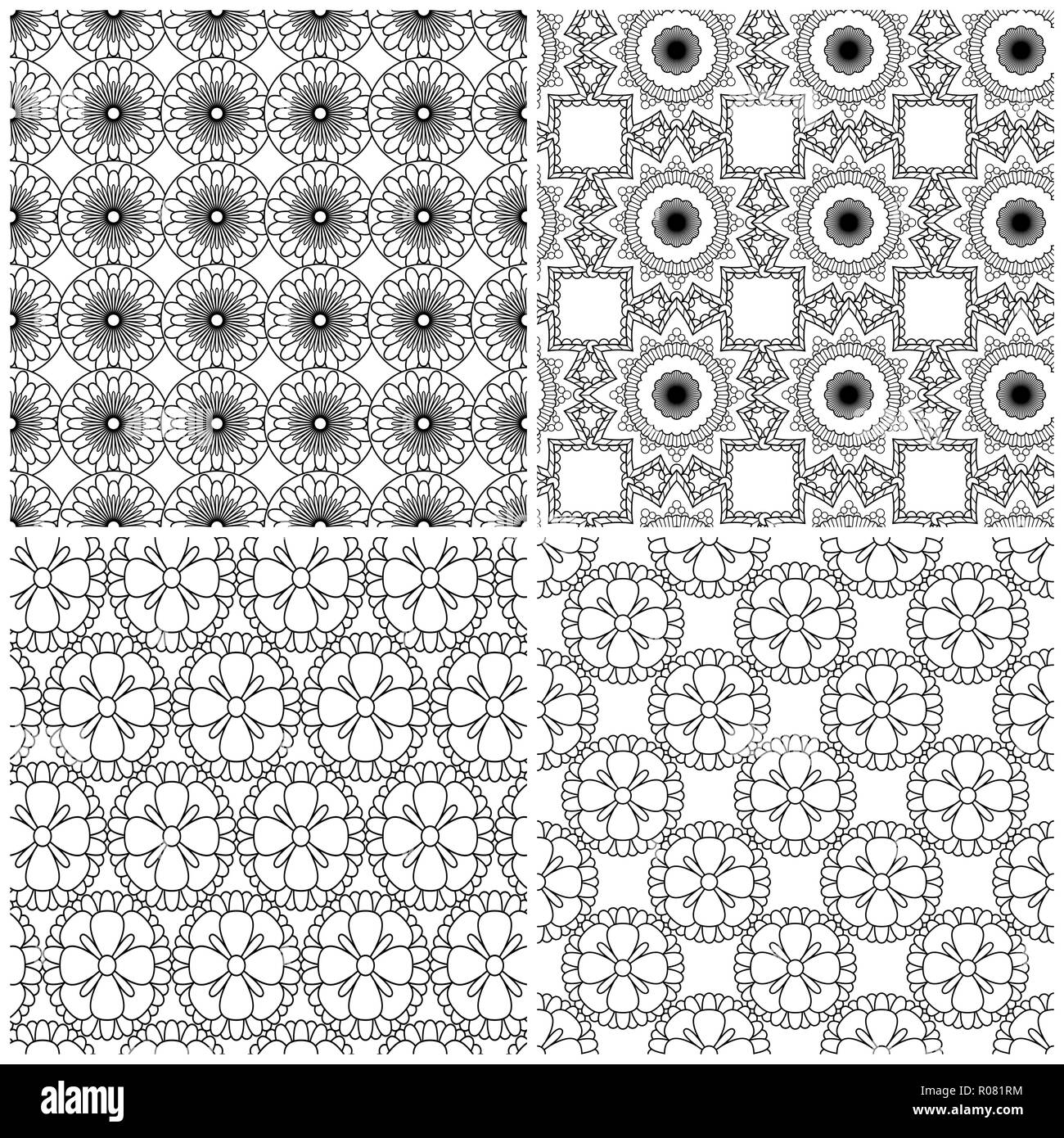 Quattro astratta maglia senza cuciture patterns con forme di Fiori su fondo bianco, il vettore del disegno a mano Illustrazione Vettoriale