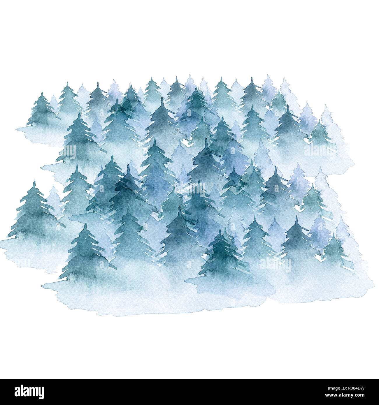 Sfondo dipinto con acquarello. Disegnata a mano paesaggio di nebbia foresta blu per il Natale e il design di inverno Foto Stock
