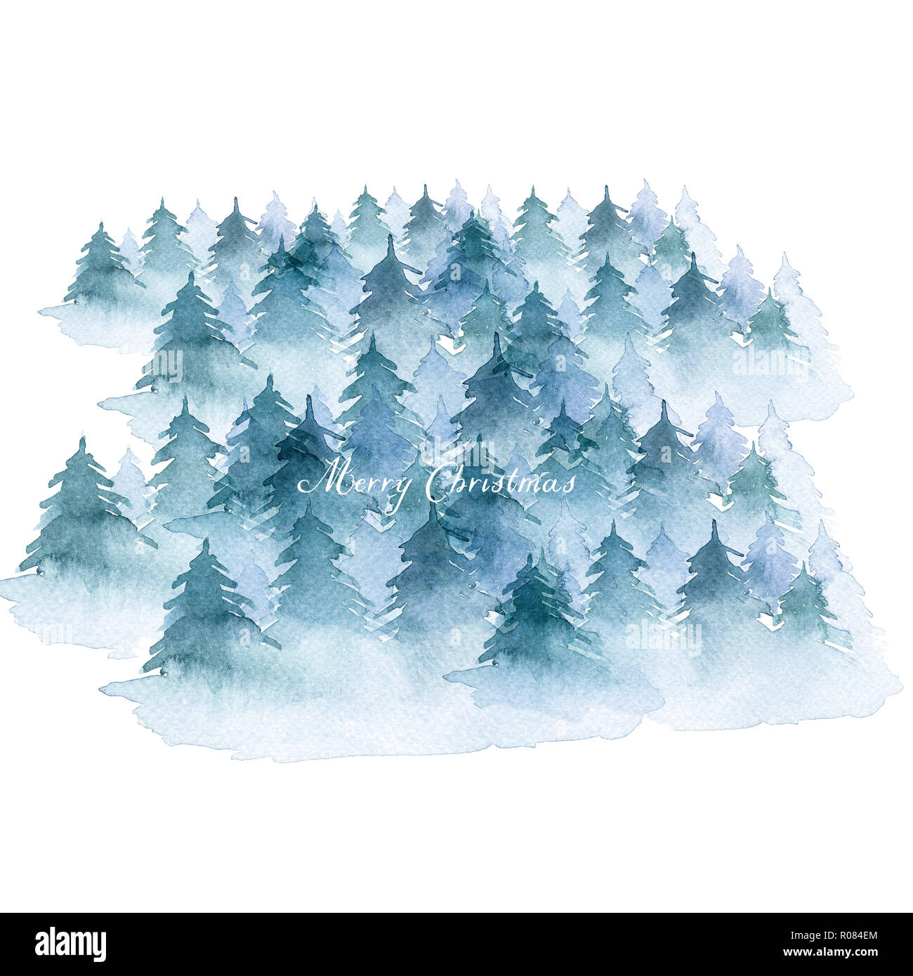 Sfondo dipinto con acquarello. Disegnata a mano paesaggio di nebbia foresta blu per il Natale e il design di inverno Foto Stock