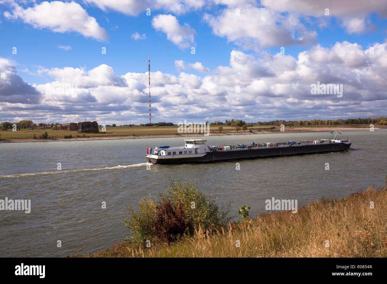 Nave sul fiume Reno, sulla sinistra i resti del vecchio ponte ferroviario, Wesel, Germania. Frachtschiff auf dem Rhein, links die Ueberreste Foto Stock