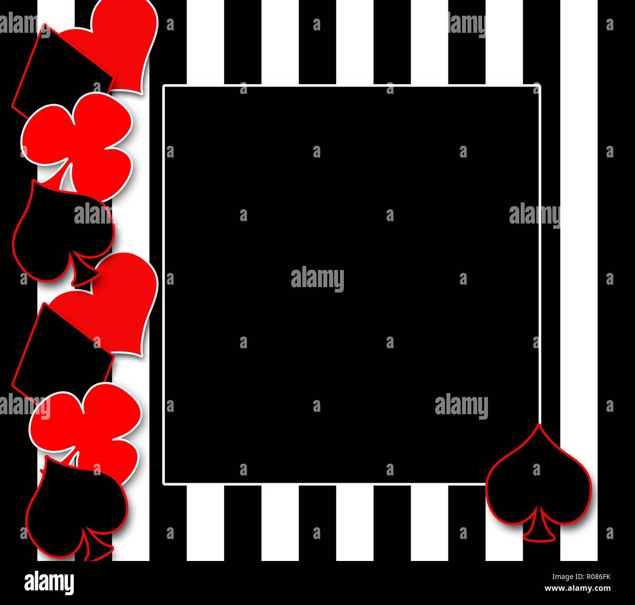Per giocare a poker i simboli di carta tra cui cuori, diamante, club e picche su nero e sfondo bianco con strisce. Area di testo. Illustrazione grafica ba Foto Stock