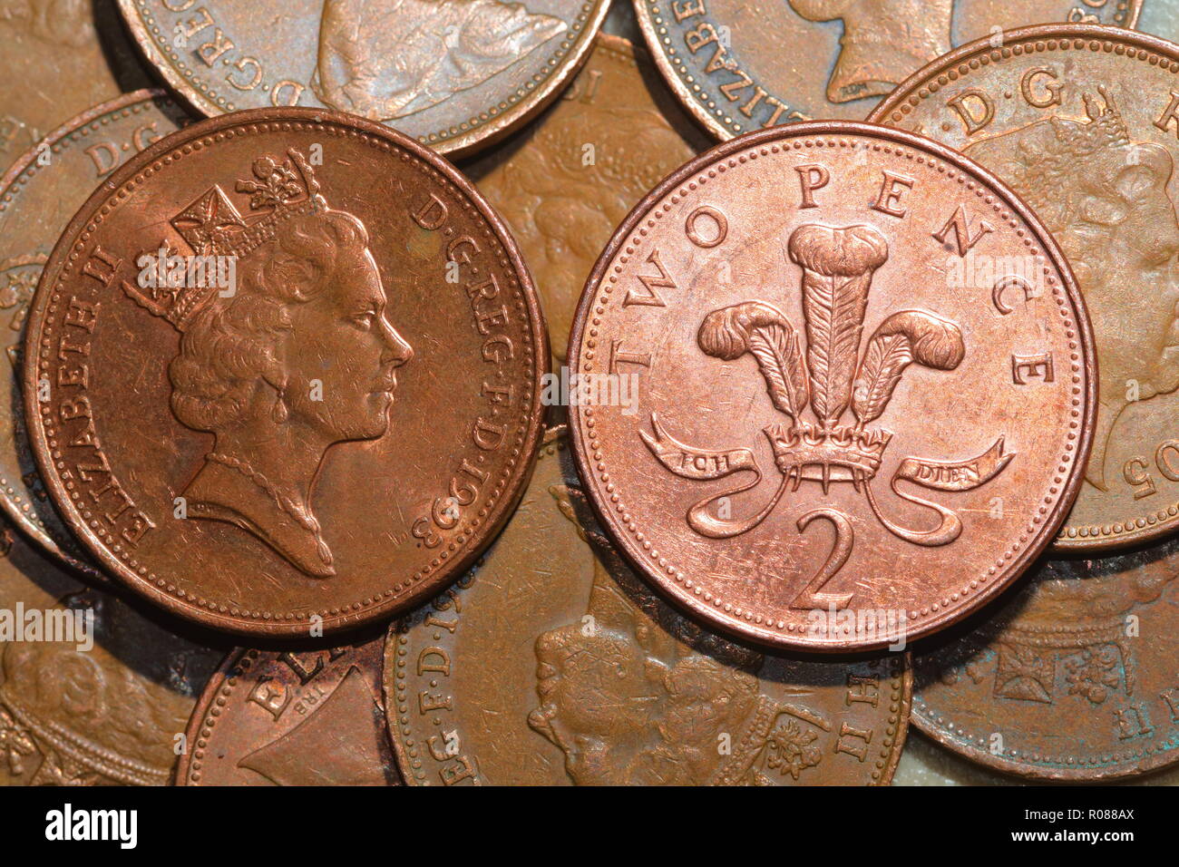 British 2 pence monete dal Royal Mint Foto Stock