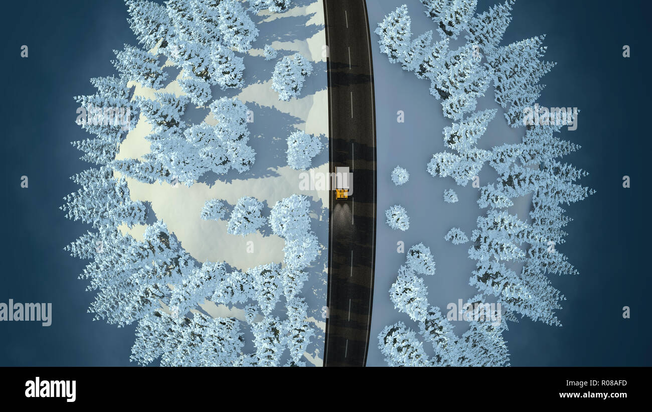 Il carrello passa su una strada in inverno, vista aerea Foto Stock