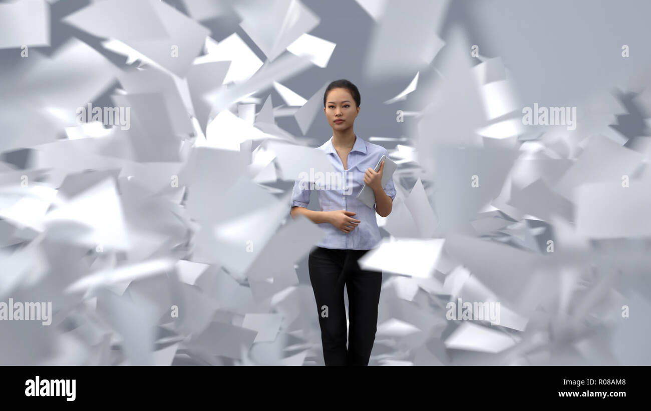 Business Woman Standing nel flusso della carta Foto Stock