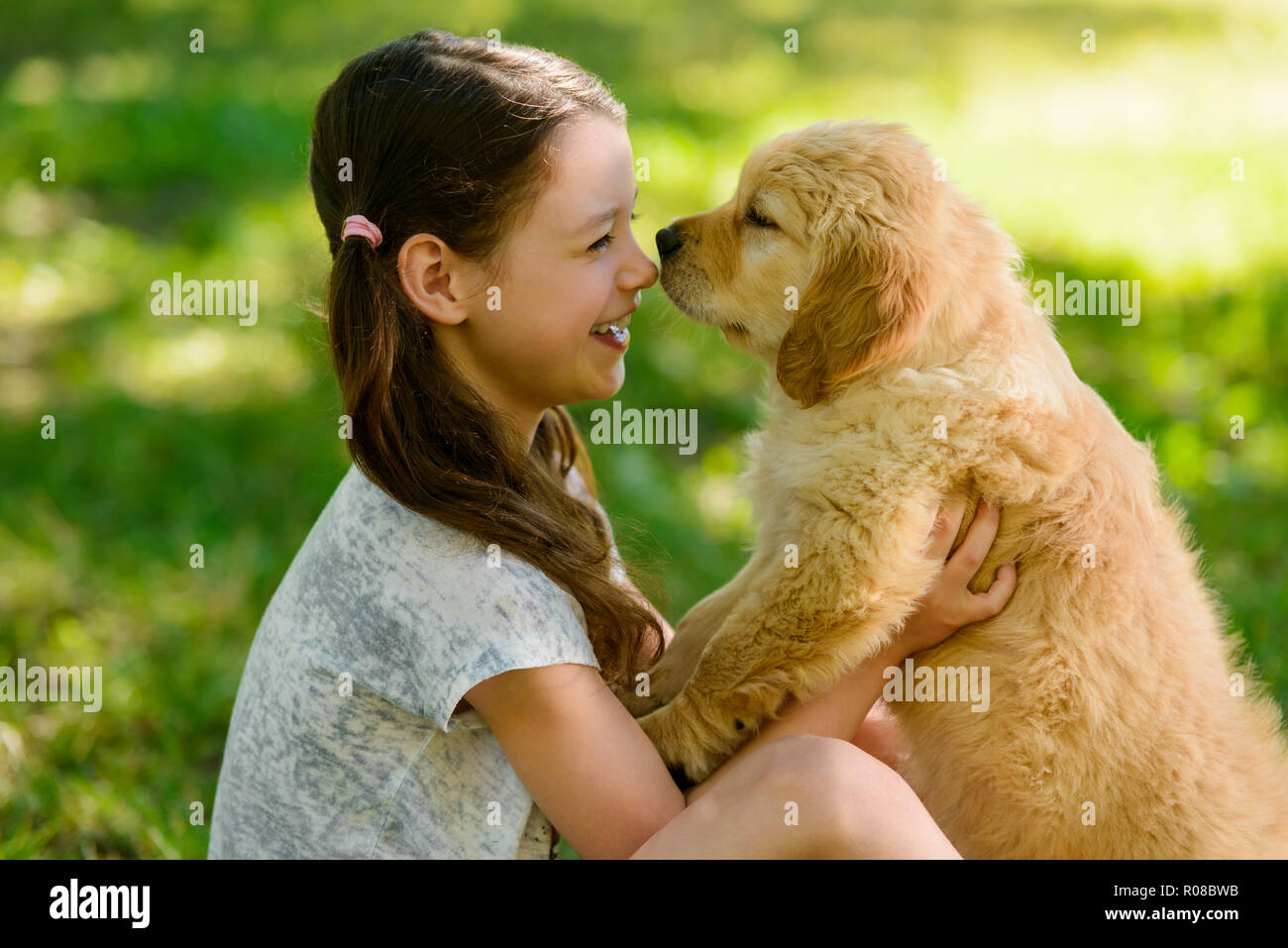 Il bambino e il golden retriever cucciolo Foto Stock