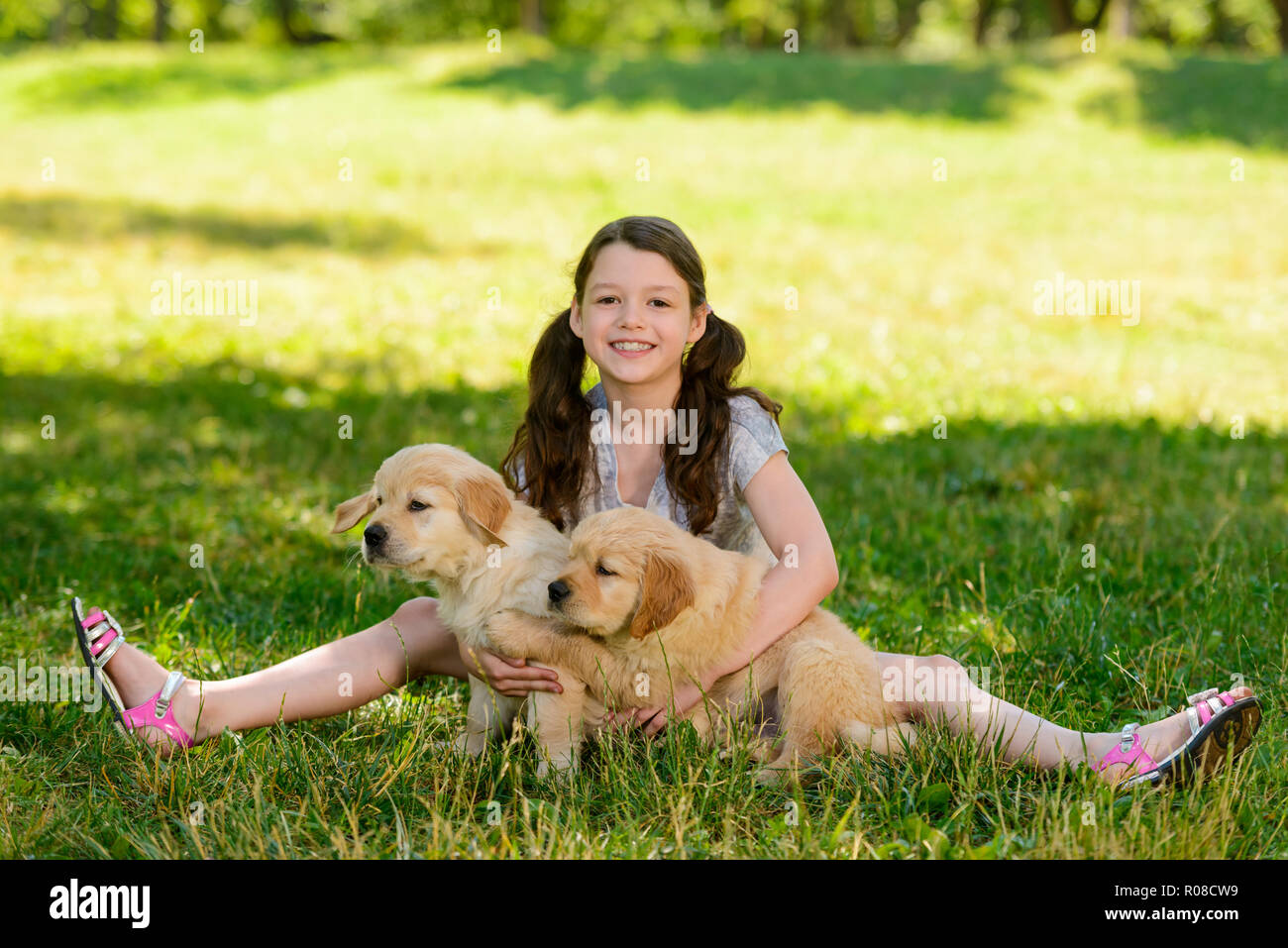 Signora giovane giocando con i cani Foto Stock
