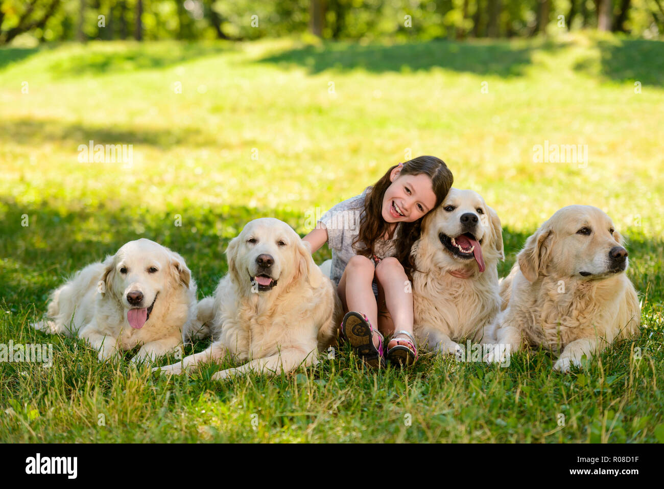 Bambina e quattro cani Foto Stock