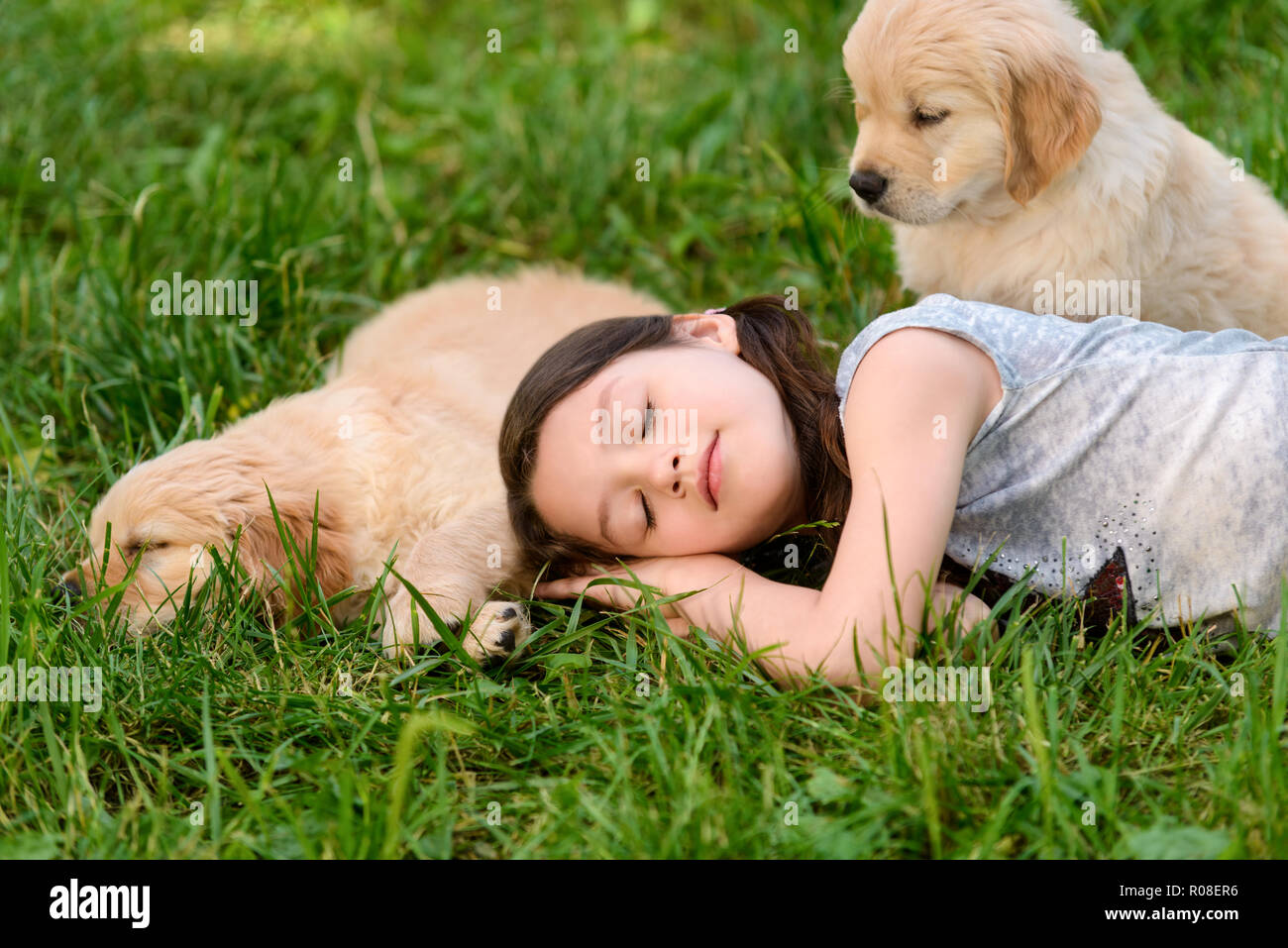 Ragazza dorme sull'erba Foto Stock