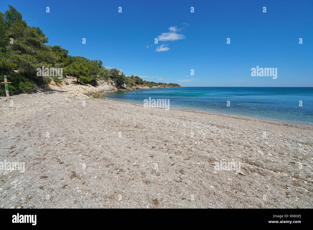 Spagna spiaggia sulla Costa Dorada, Platja de l'Aliga, mare Mediterraneo, Catalogna, L'Ametlla de Mar, Tarragona Foto Stock